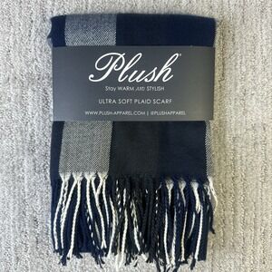 PLUSH Ultra Soft Fleece Navy Blue Buffalo Plaid Fringe Scarf